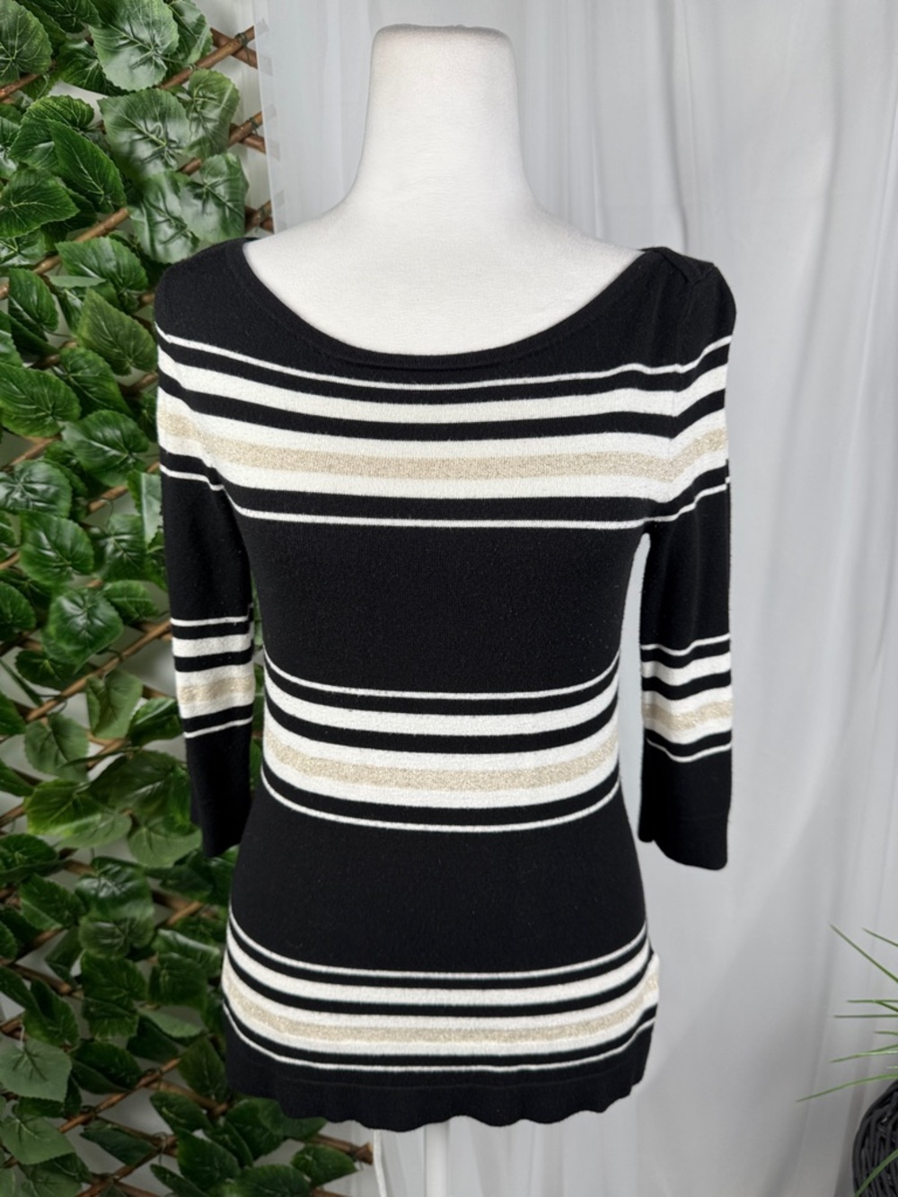 Black Striped Boatneck Women's Sweater - Metallic Accent